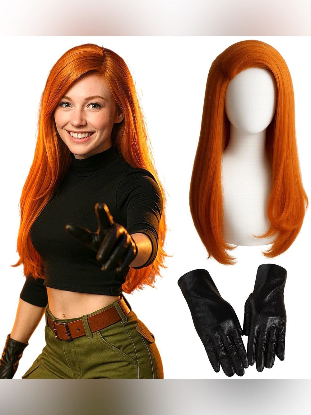 Kim Possible Halloween Costume Cosplay Red Wig Black Faux Gloves KIDS 2-11